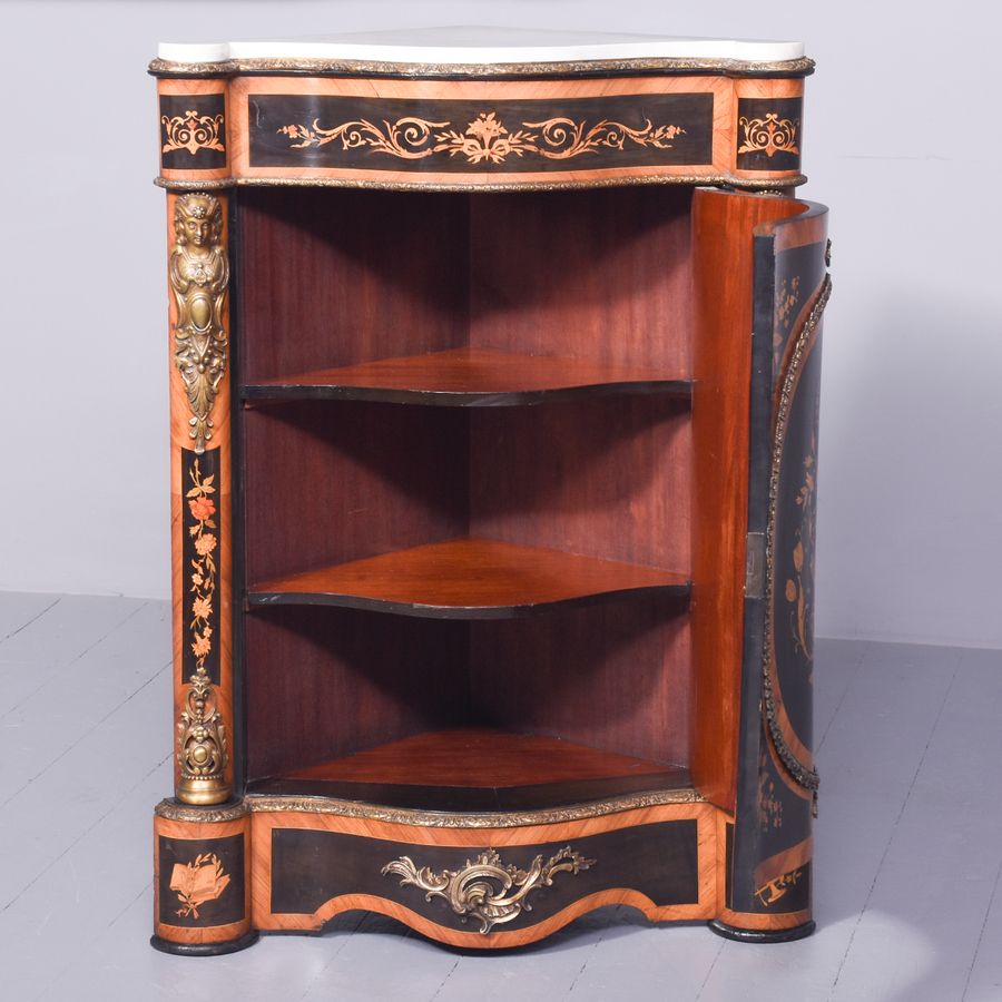 Antique Serpentine Fronted Marble Topped Marquetry and Brass Inlaid Cabinet