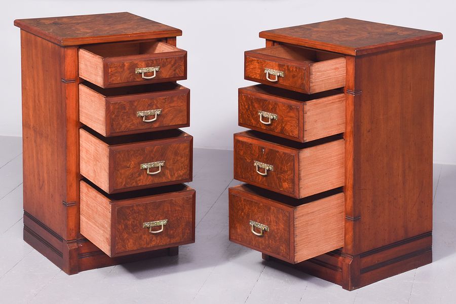 Antique Pair of Victorian Figured Walnut Neat-Sized Chests of Drawers/Bedside Lockers