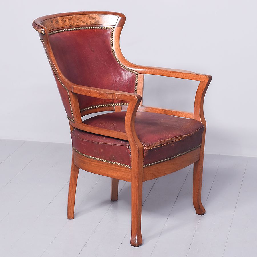 Antique Stylish Biedermeier-Style Leather Upholstered Walnut Office Chair