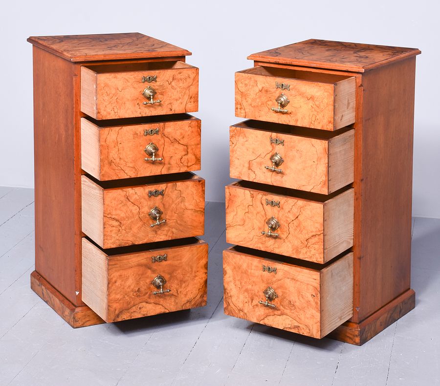 Antique Pair of Figured Walnut Neat-Sized Victorian Chests of Drawers