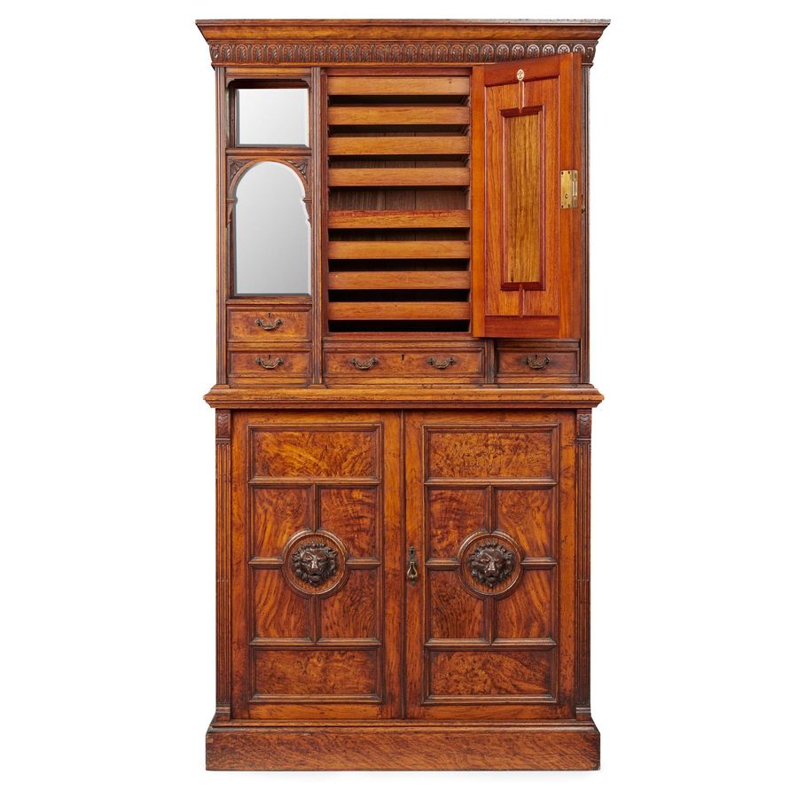 Antique Rare Victorian Walnut, Oak and Yew Collectors’ Cabinet by Maple & Co. 