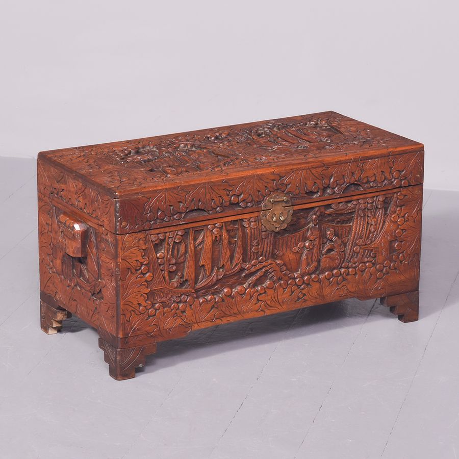 Neat-Sized Hand-Carved Solid Camphor Chinese Trunk