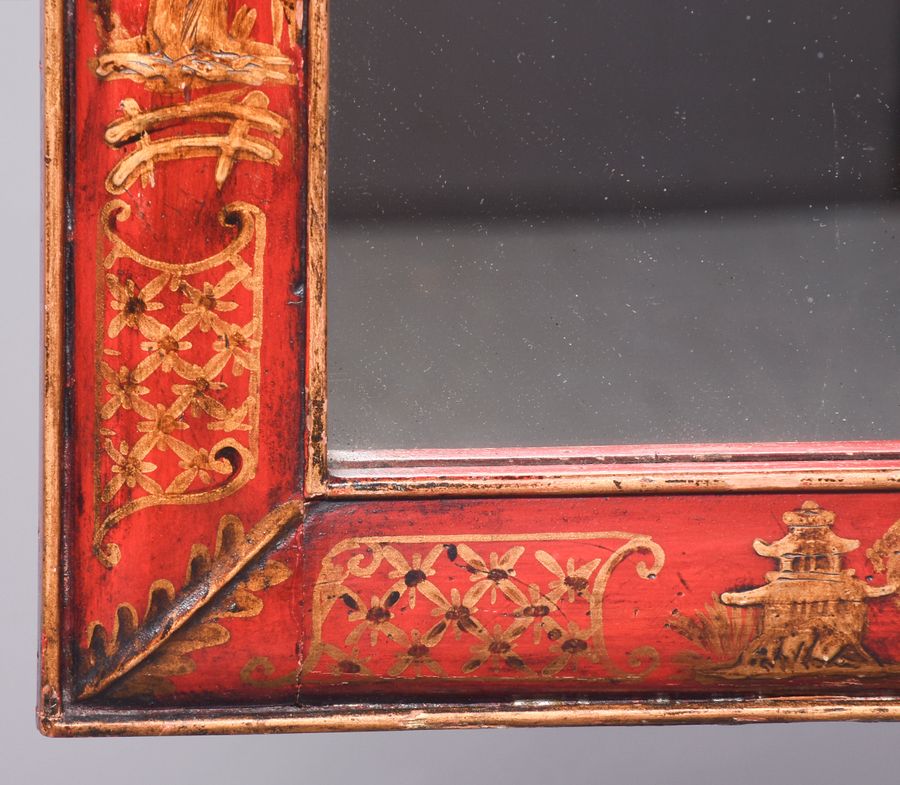 Antique  Early Georgian Style Red Lacquered Wall Mirror in The Chinoiserie Style 