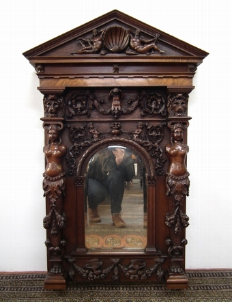 Antique Continental Carved Walnut and Elm Mirror