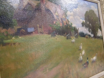 Antique Oil on Canvas 'Geese in a Cottage Garden'