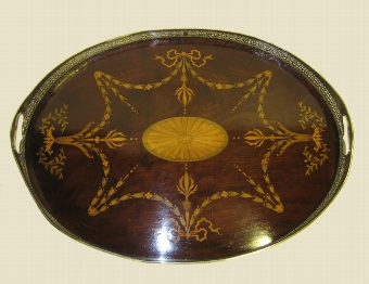 Antique Edwardian Marquetry and Shell Inlaid Mahogany Tray