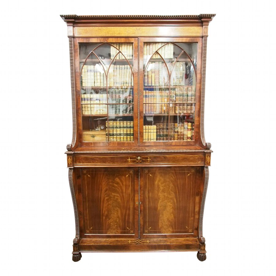 Scottish George IV Mahogany Inlaid Cabinet Bookcase