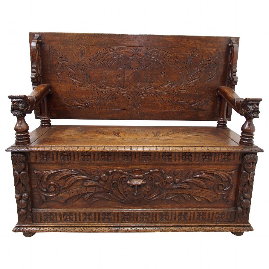 Flemish Carved Oak Monks Bench