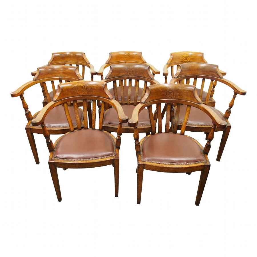 Rare Set of 8 Edwardian Oak Captains Chairs