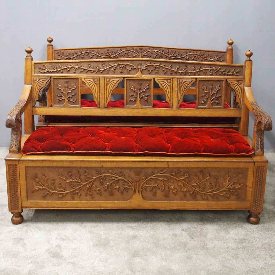 Pair of Scottish Oak Hall Benches from Skibo Castle