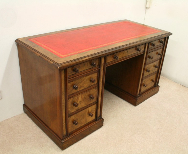 Victorian Walnut and Burr Walnut Pedestal Desk