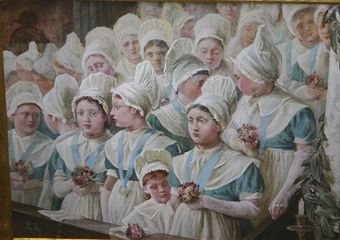 "Easter morning", a study of girls in blue and white uniforms and bonnets