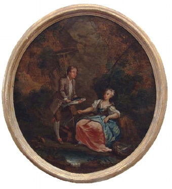 A Gentleman Angler presenting his catch to a young lady