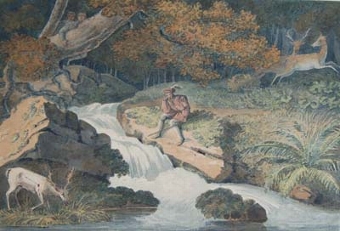A Hunter stalking a wounded deer at a stream in spate