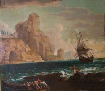 A Medeteranean harbour with fishermen hauling a boat