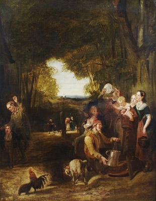 A Pastoral scene with travellers at a water trough