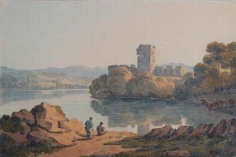 A Scottish Landscape with travellers beside a loch