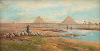 A Shepherd with and his sheep with the Pyramids at Gizeh beyond