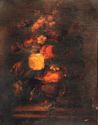 A Still Life of Summer Flowers in an Urn, on a stone ledge