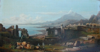 A View of the Greek Theatre at Taormina, Sicilly with Mt  Etna