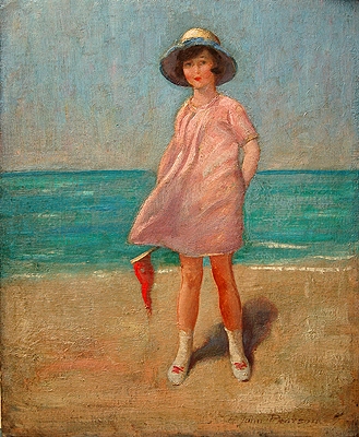 A Young Girl in a Pink dress with a shrimp net by the Sea