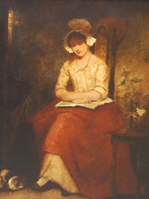 A Young Girl reading a book in a wooded clearing with her cat at her feet