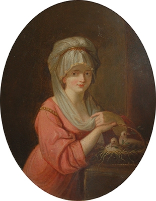 A Young Girl with doves in a basket