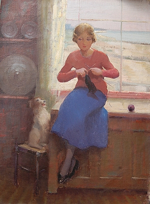 A Young Lady Knitting by a Window Seat with her Jack Russell at her side