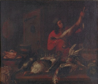 A Young man arranging game in a Larder
