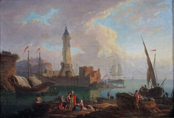 An ancient fortified Meditteranean harbour with fisherfolk in the foreground  an