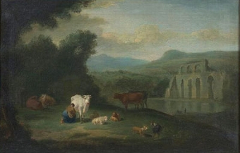 An Italianate  pastoral landscape with a milkmaid and cattle with ancient ruins