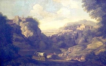 An Italinate landscape with travellers in the foreground and Villas beyond