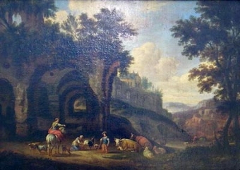An Italinate landscape with travellers resting before classical ruins