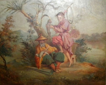 An old man and a young woman playing with kittens in an oriental landscape