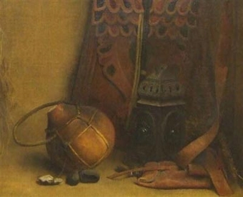 An orientalist still Life of a gord, leather satchels a lamp and other items