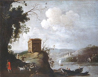 Arcadian Landscape with Figures, Temple, Boats and Buildings