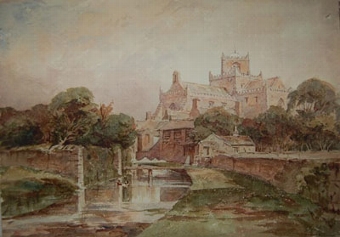 Cartmel Priory  from the River Eea, Cumbria