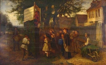 Children watching the Punch and Judy Show at the Village green