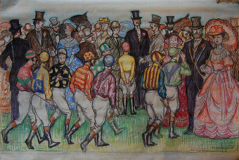 Crowd scene at Royal Ascot Ladies Day with Jockeys walking to the paddock