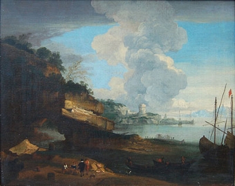Italian Coastal Landscape with Fishermen mending nets