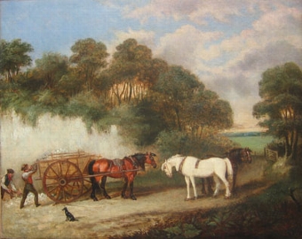 Labourers quarrying and loading sand with their resting shire horses in a count