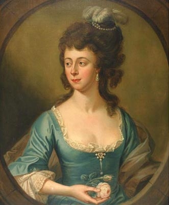 Lady with feather hat, holding a rose