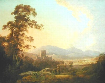 Melrose Abbey with the river Tweed beyond