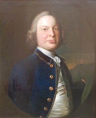 Portrait of a Gentleman in a blue coat with a landscape beyond in a painted oval
