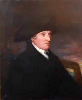 Portrait of a Naval officer wearing a tricorn hat on the deck of a ship
