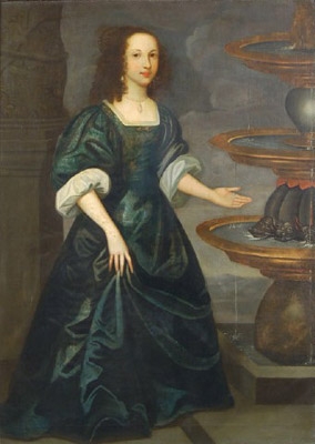Portrait of Henrietta Maria standing beside a fountain (1609-1669)