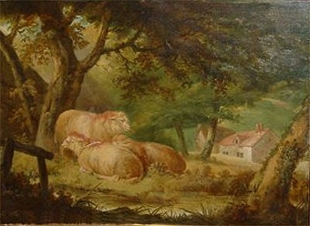 Sheep in a Wooded Landcape with a Cottage beyond