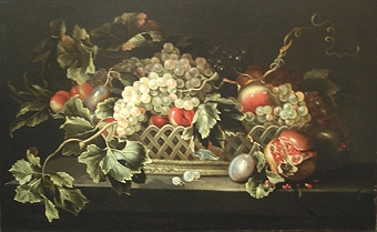 Still Life of Fruit  in a Basket on a Ledge