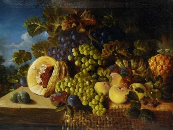 Still Life of Fruit on a Ledge including; grapes, plums, melons, pineapple, peac