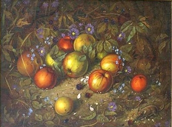 Still life of fruit with a field mouse in the foreground